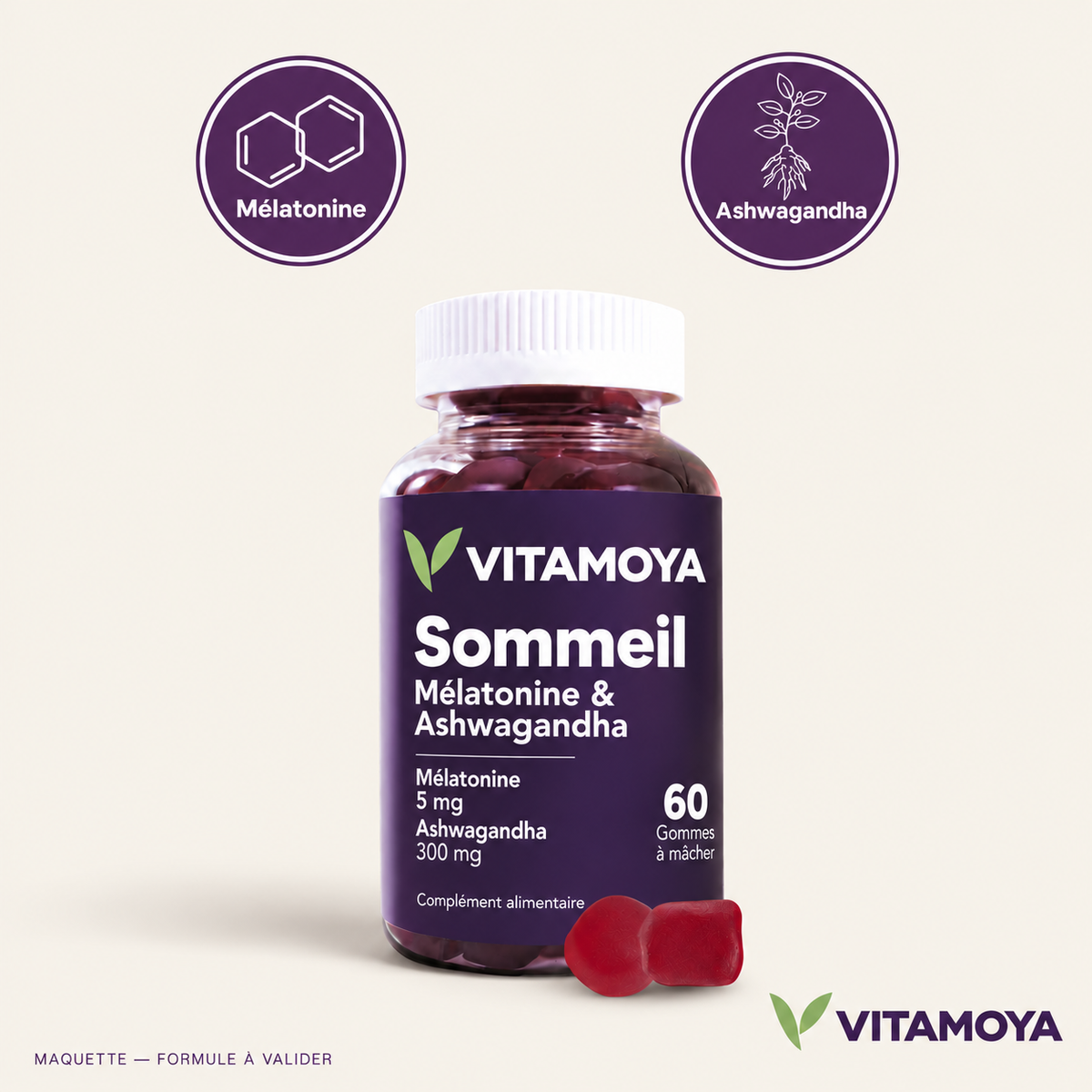 VITAMOYA — Sommeil — Mélatonine & Ashwagandha — fond beige, bouteille et cercles colorés — maquette, formule à valider