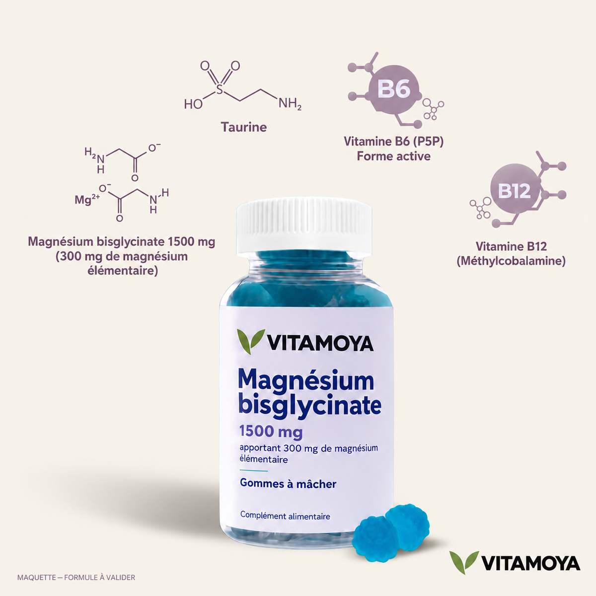 VITAMOYA — Magnésium bisglycinate — fond beige, bouteille et cercles colorés — maquette, formule à valider