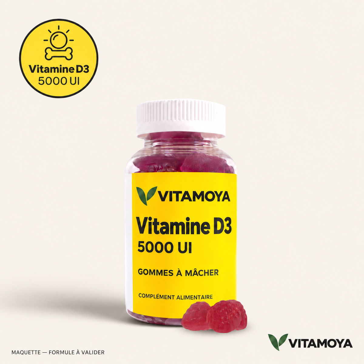 VITAMOYA — Vitamine D3 — fond beige, bouteille et cercles colorés — maquette, formule à valider