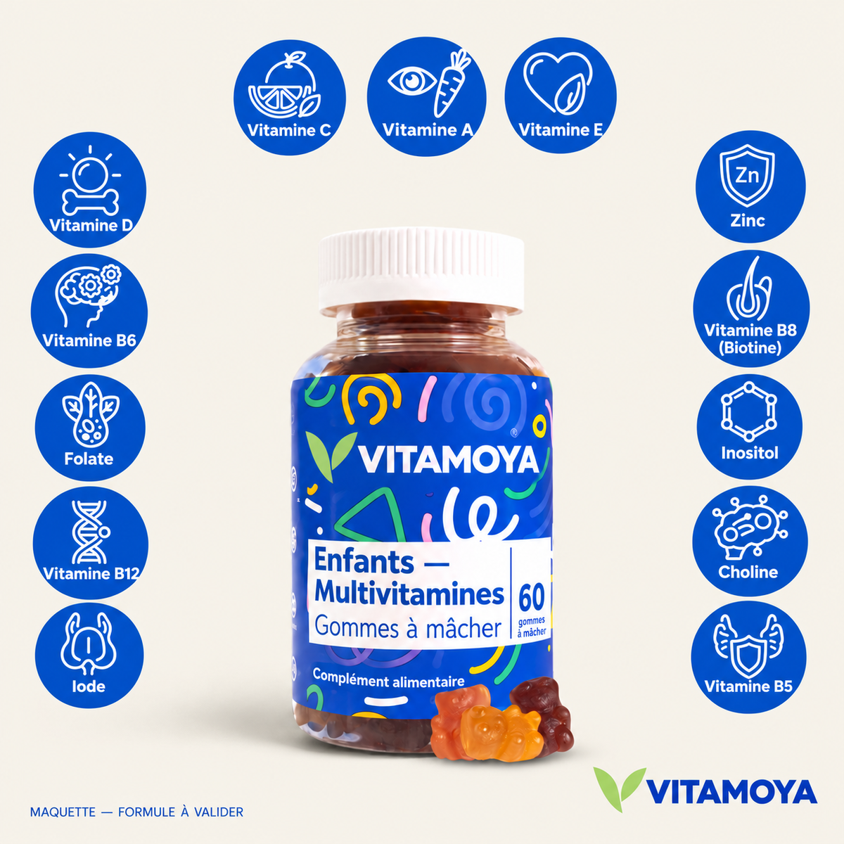 VITAMOYA — Enfants — Multivitamines — fond beige, bouteille et cercles colorés — maquette, formule à valider