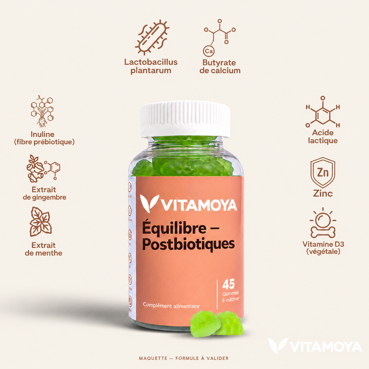 VITAMOYA — Équilibre — Postbiotiques — fond beige, bouteille et cercles colorés — maquette, formule à valider