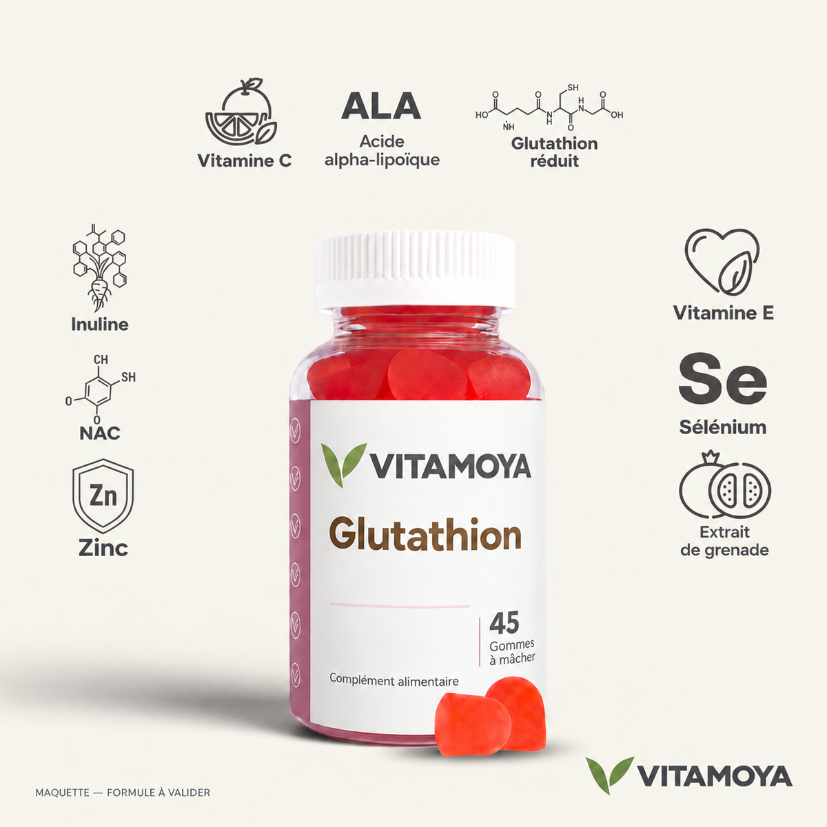 VITAMOYA — Glutathion — fond beige, bouteille et cercles colorés — maquette, formule à valider