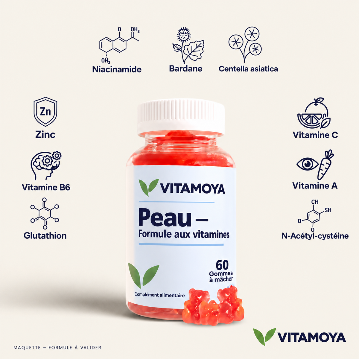 VITAMOYA — Peau — Formule aux vitamines — fond beige, bouteille et cercles colorés — maquette, formule à valider