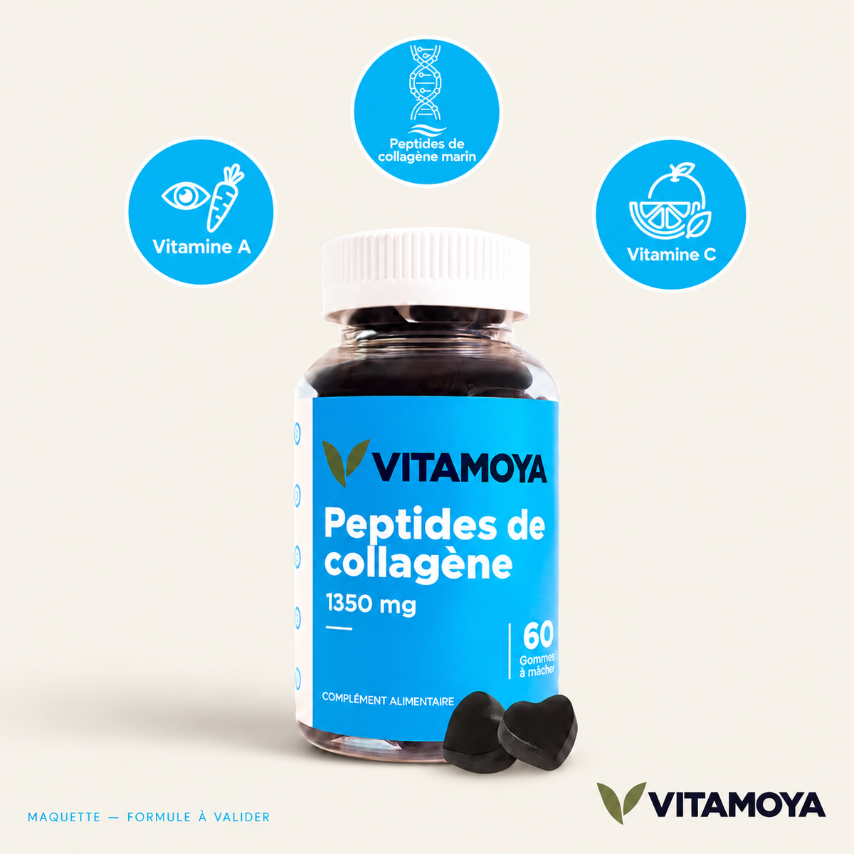 VITAMOYA — Peptides de collagène — fond beige, bouteille et cercles colorés — maquette, formule à valider