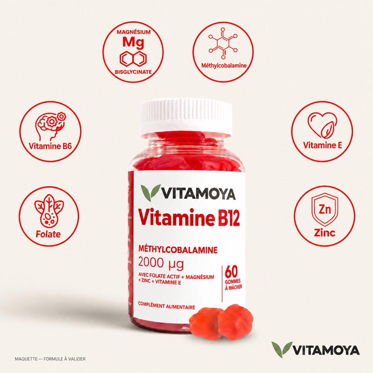 VITAMOYA — Vitamine B12 — fond beige, bouteille et cercles colorés — maquette, formule à valider